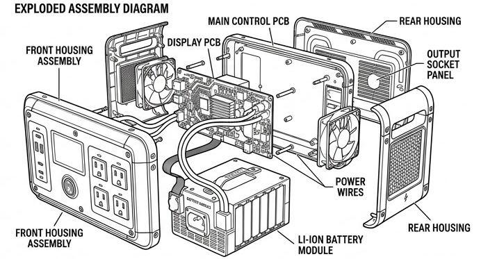 Exploded view of VoltPak 1000 internal safety construction